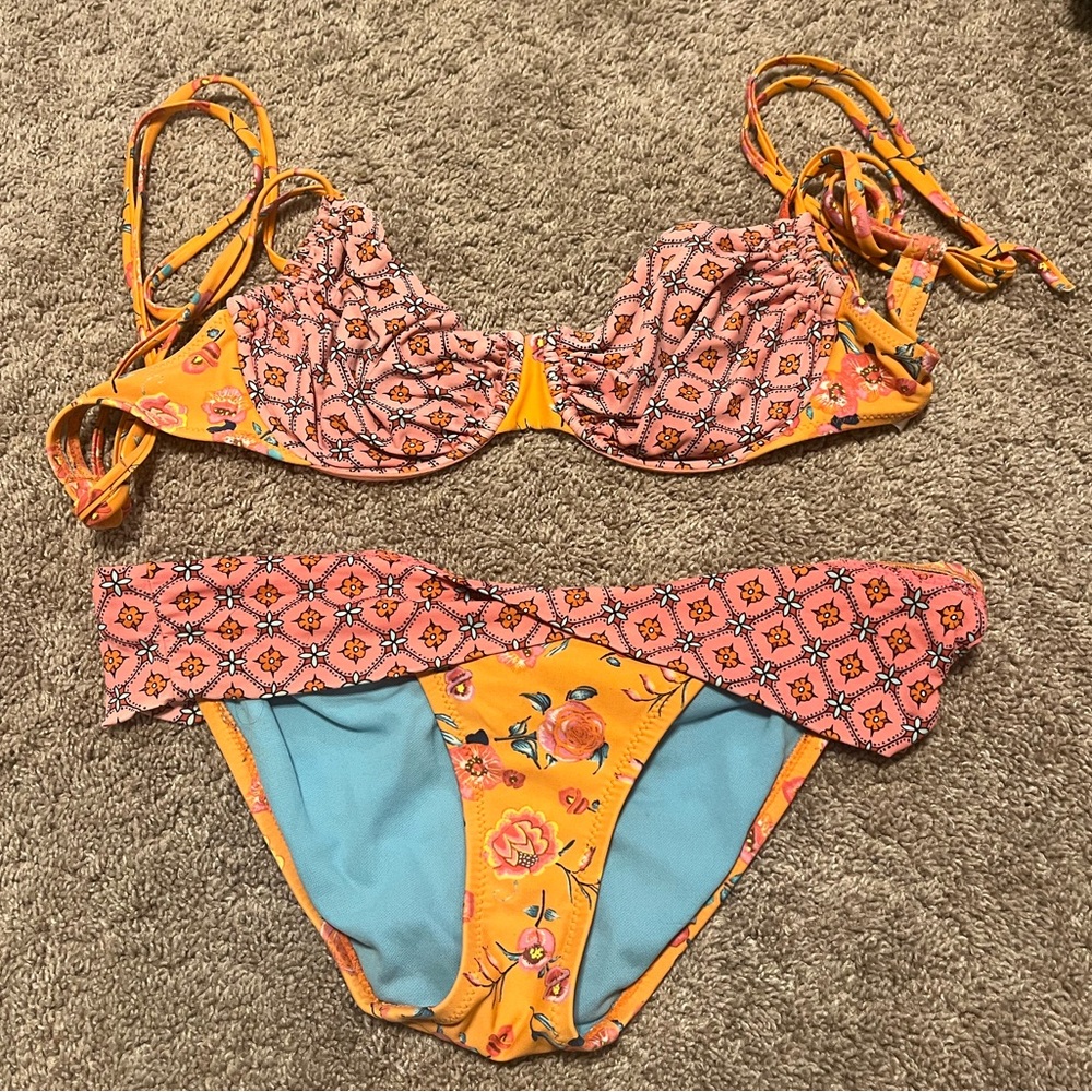Floral Orange and Blue Bikini Set